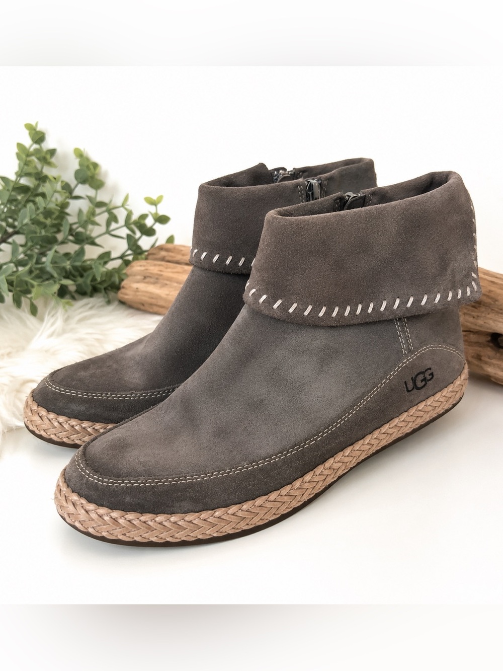 UGG Women's Gray Suede Ankle Boot with Braided Trim